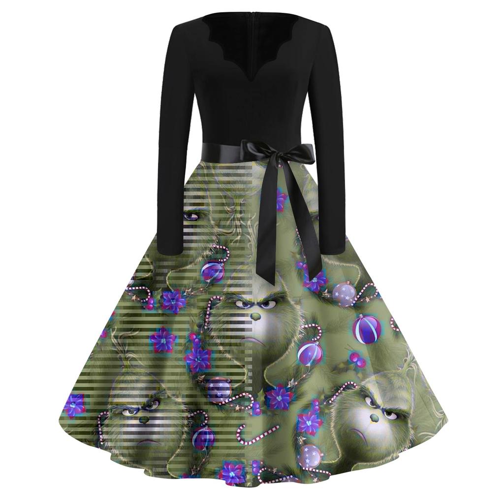 Dámské módní šaty s V výstřihem, ležérního střihu, slim-fit, s vánočním potiskem a dlouhým rukávem