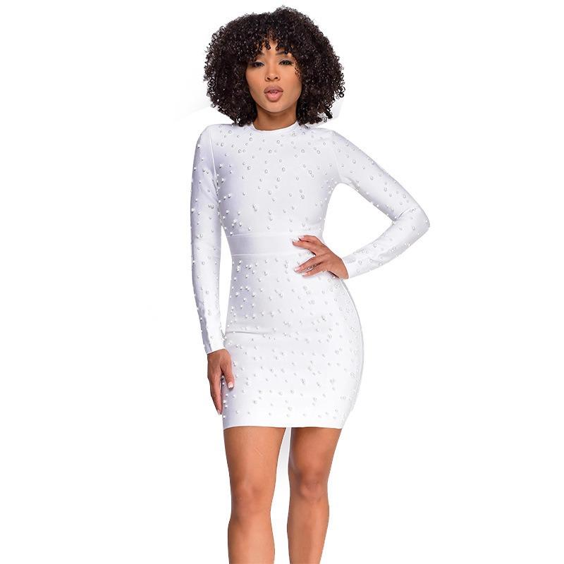 Women's Long-sleeved Slim Short Dress Outside The Senior Sense of Light Luxury Round Neck Nail Bead Bag Buttock Dress