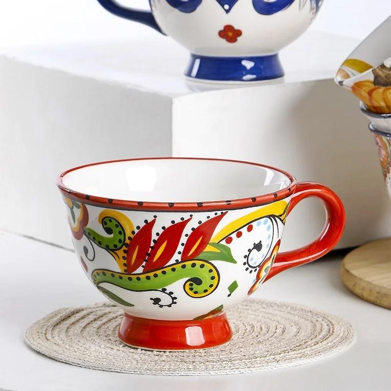 Ceramic Breakfast Mug European Pastoral Style Bone China Coffee Mug Creative High Foot Flower Teacup Home Drinkware Water Cup