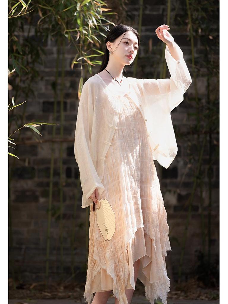 Handmade Plant-Dyed Crinkled Jacquard Irregular Maxi Dress for Women - Fairy-like, Slimming Camisole, Perfect for Summer Travel Photography