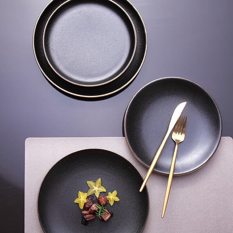 Black Matte Ceramic Flat Dinner Plate Set