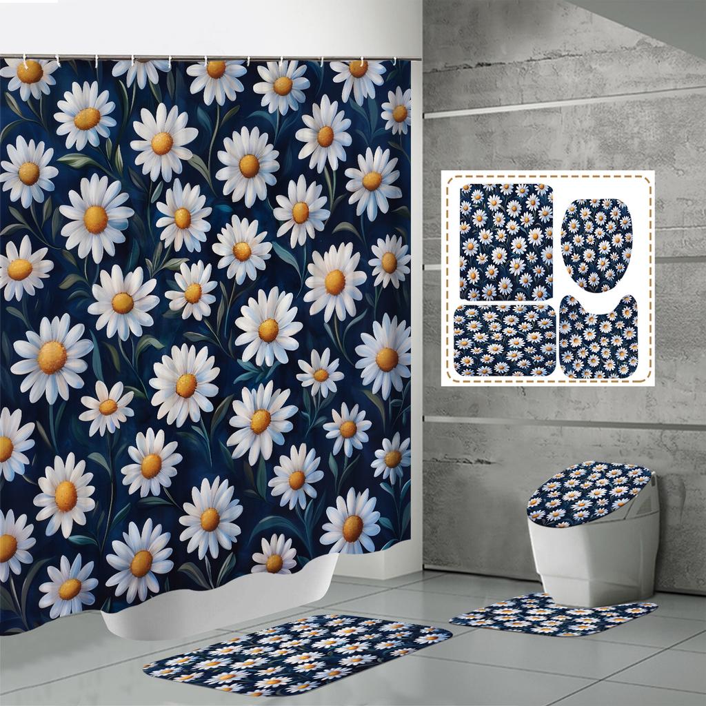 4PCS  Shower Curtain Sets With Shower Curtain And Rugs Toilet Lid Rug U Shape Mat And Bath Mat Bathroom Set  With 12 Hooks