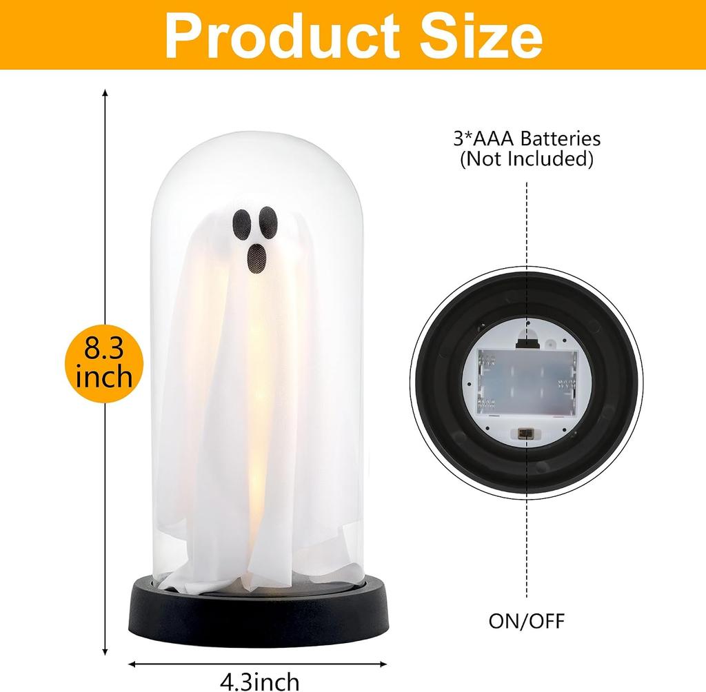 Light Up Ghost in Glass Cloche - Halloween Decorations Indoor with LED Glowing Spooky Figurine Tabletop Centerpiece for Home Party Charming Ghost Gif
