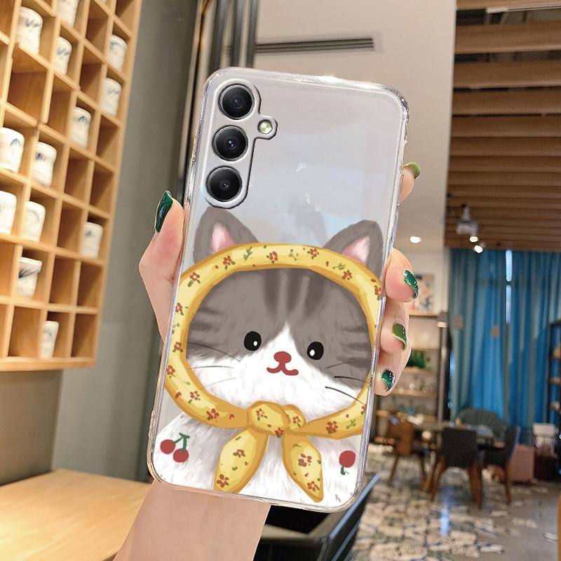 Cute Cat Cartoon Soft Transparent Silicon Case For Samsung A55 A35 M35 M34 S24 Xiaomi Redmi Note 13 Pro 13C Poco M6 Camera Shockproof Protective Cover
