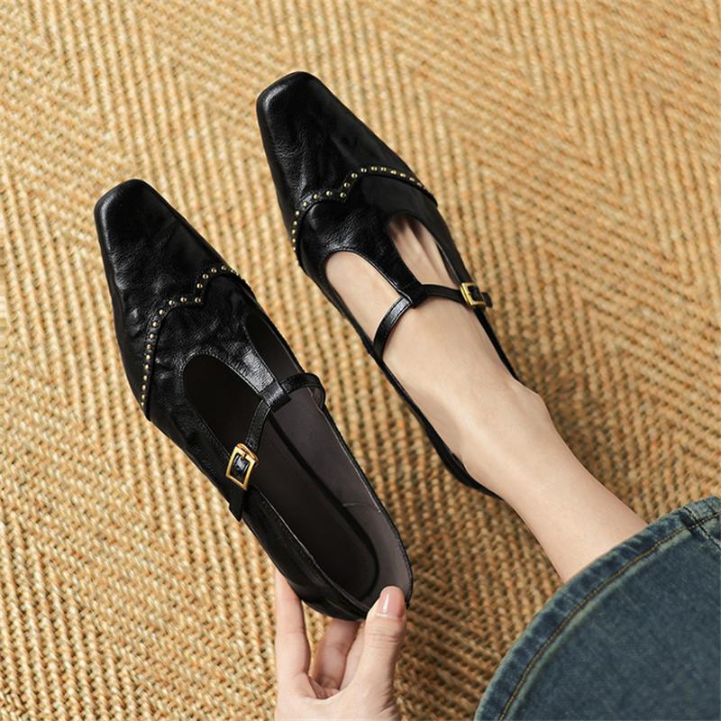 Fashion New Spring/Summer Genuine Leather Women Pumps Shoes for Women Fashion Rivet Square Toe Mary Jane Shoes Women Handmade High Heels