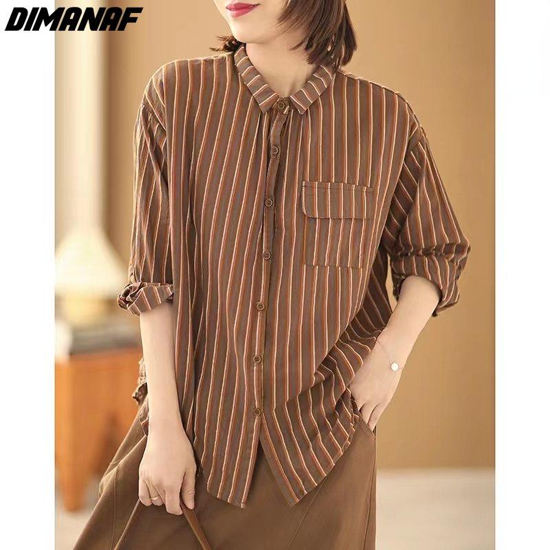 

DIMANAF 2022 Новый плюс Размер Осенний стиль Повседневная блузка Полосатые женщины с длинным рукавом Основные льняные рубашки Кардиган Топы Тройники Свободные
