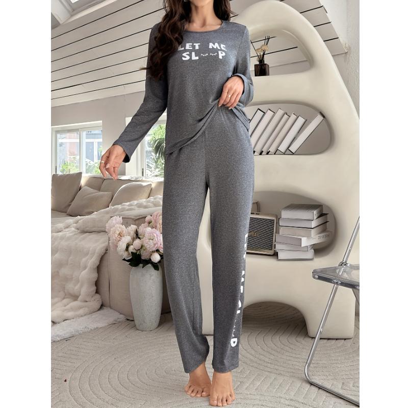

1 комплект уютной пижамы с длинным рукавом, полиэстеровая домашняя одежда с принтом букв, для комфорта дома, можно носить на улице, свободного кроя, одежда для сна XL серый