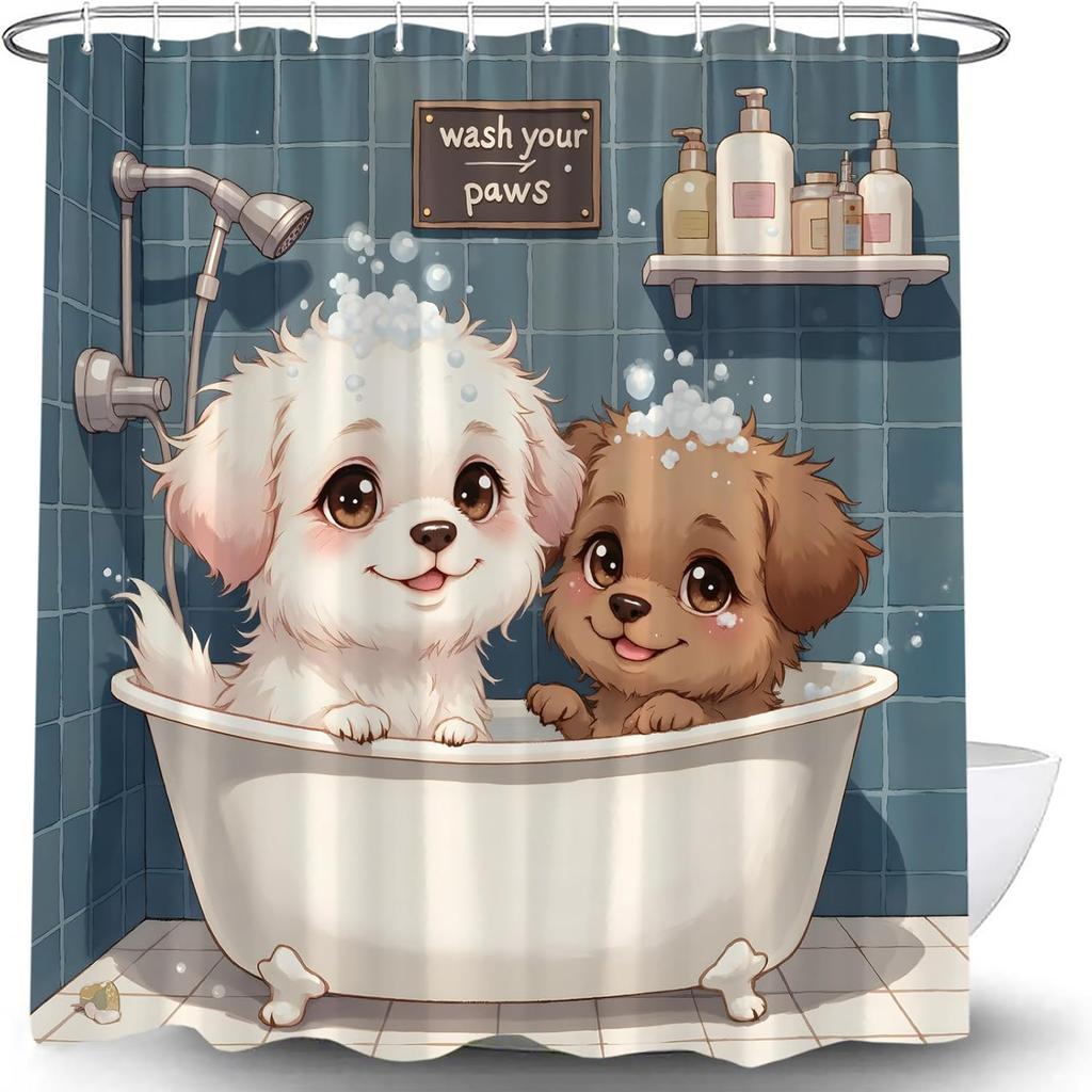 Funny Dog Shower Curtain Bathing In Bathtub Bubbles Cute Puppy Pets Rustic Animals Cartoon Polyester Fabric Bath Curtain 90x180