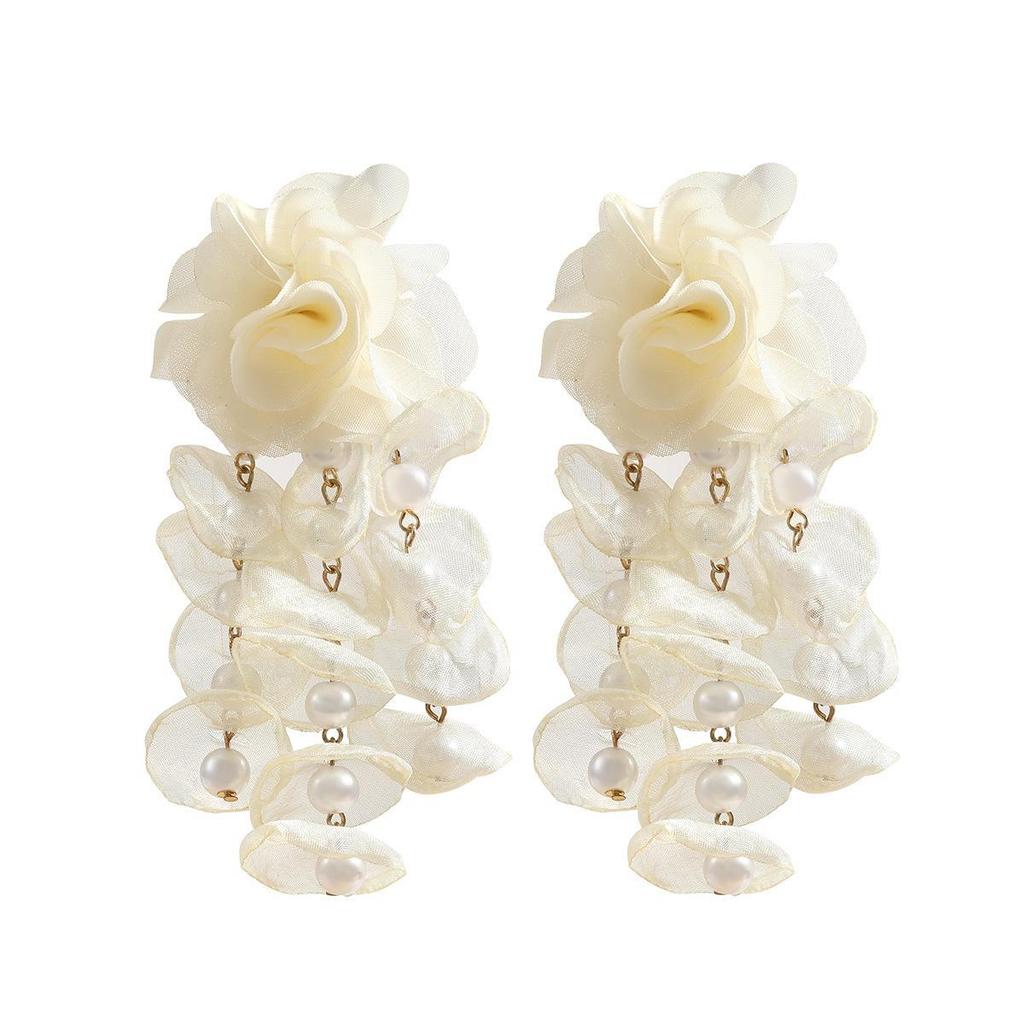 Bohemian Pearl Inlaid Floral Tassel Earrings for Women
