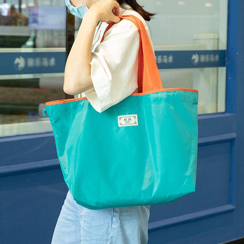 WTEMPO Dames Effen Kleur Oxford Stof Grote Capaciteit Trekkoord Riem Zak Supermarkt Boodschappentas Draagbare Opbergtas 【37*10*31CM】 blauw