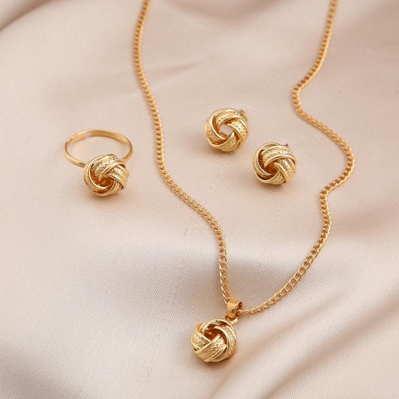 Gold Color Alloy Metal Twist Lucky Knot Earrings Necklace Ring Zircon Set for Women Girls Trendy Geometric Vintage Accesories