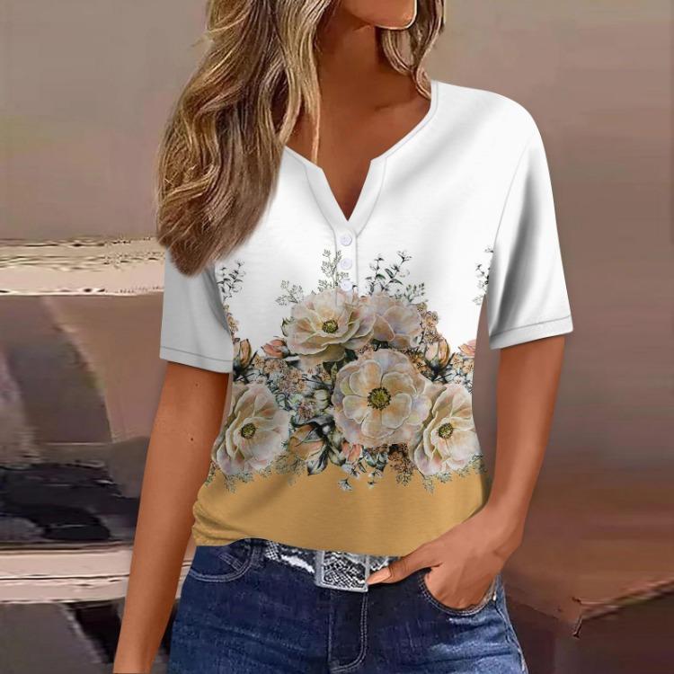 Casual Women's V Neck Short Sleeve T Shirt Regular Fit Basic Tee Print Button Fashion Weekend Daily Outfit Wear