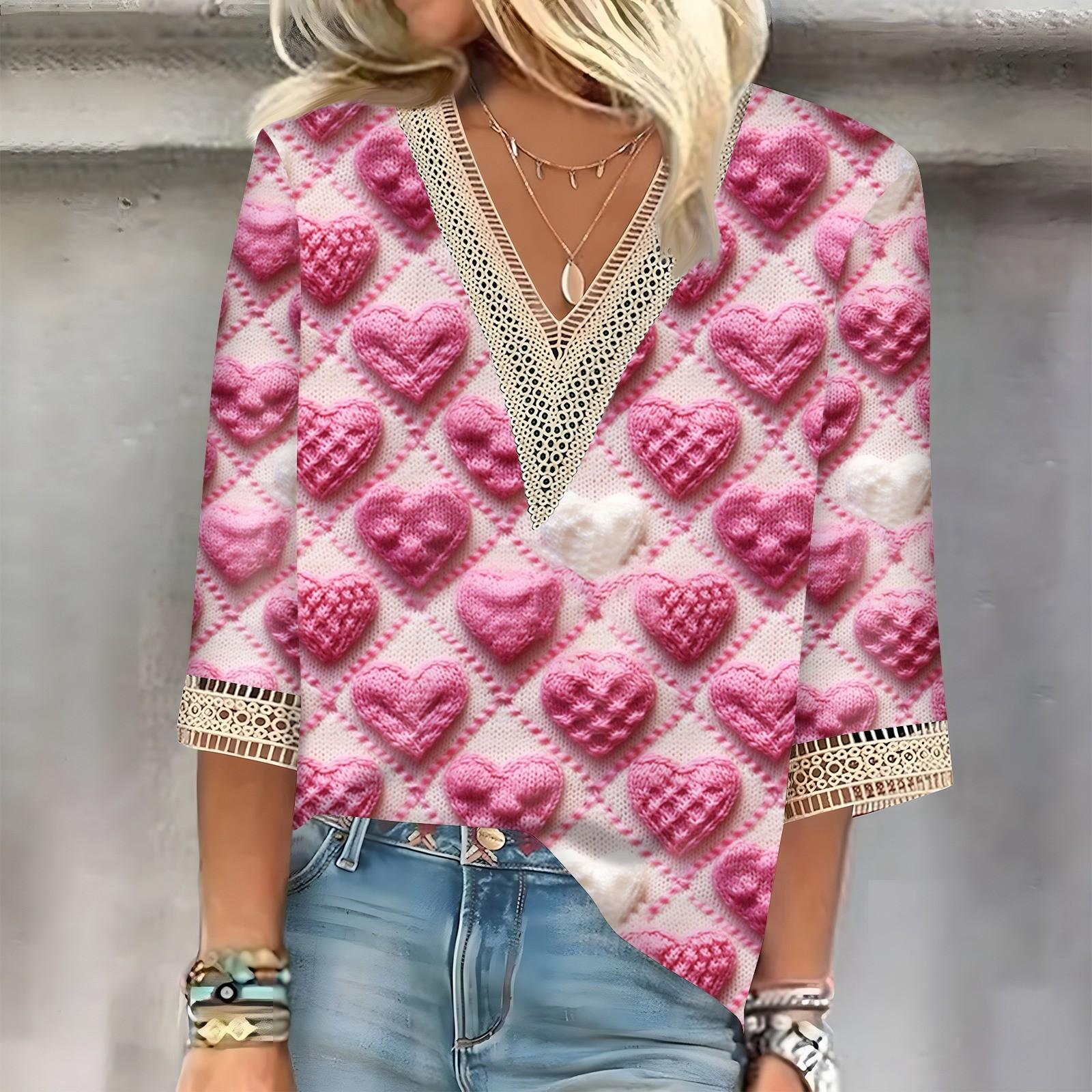 

Женский топ с рукавом три четверти, кружевной, с 3D-принтом ко Дню святого Валентина XXL