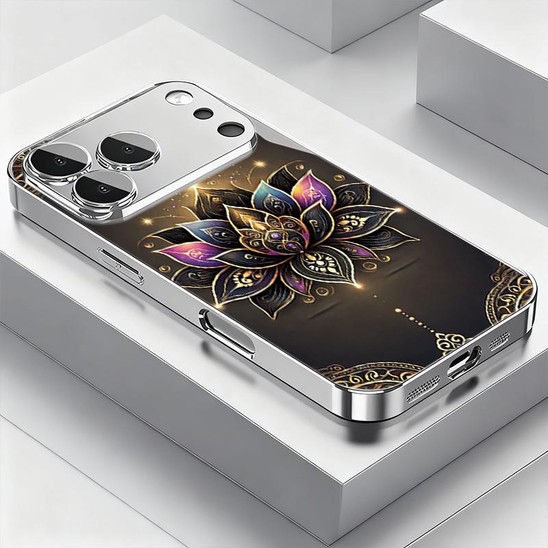 Golden Lotus Flower Tempered Glass Electroplate Phone Case For iPhone 17 18 Pro Max 13 12 11 Pro 14 15 16 Plus 16E 17Air Cover
