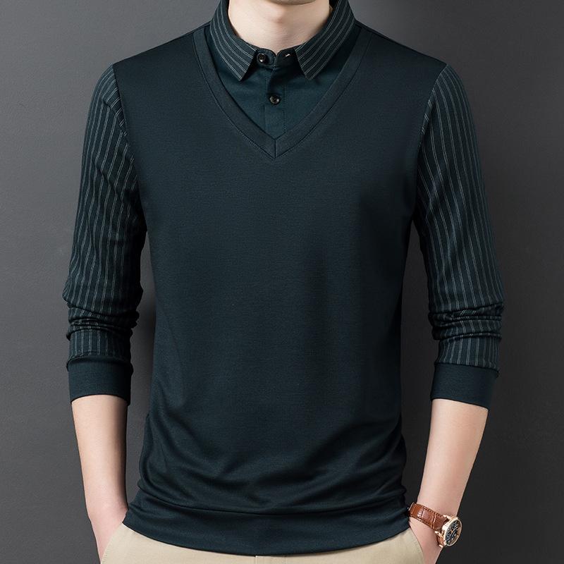 Frühling und Herbst Neues Fake-Zweiteiler Herren T-Shirt Mittelalterlich Lässig Papa Poloshirt Dünnes Revers Gestreiftes Unterteil