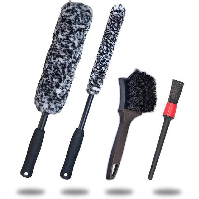 Wheel Brushes For Cleaning Wheels (4 Pro Pack)- 2X Soft Wheel Cleaning Woolies Brush, Detailing Brush And Stiff Tire Brush, Scratch Free Durable Car