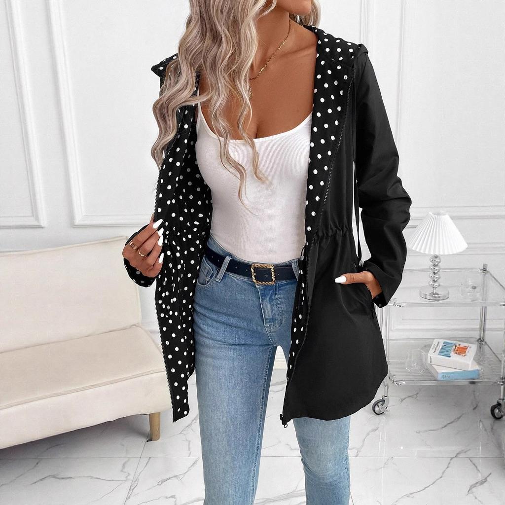 European and American Women's Clothing Two-sided Clothing Leopard Print Hooded Zipper Jacket Casual Long Jacket Belt Long Sleeve