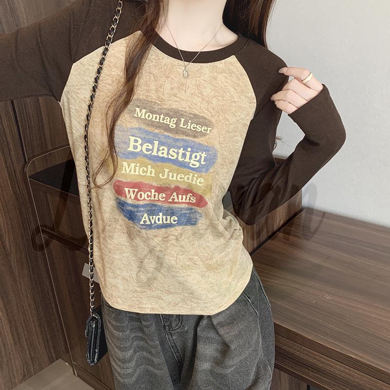 

2026 Spring Plus Size Women s Color Block Waist-Cinched Raglan Long Sleeve T-Shirt with Printed Letters L хакі