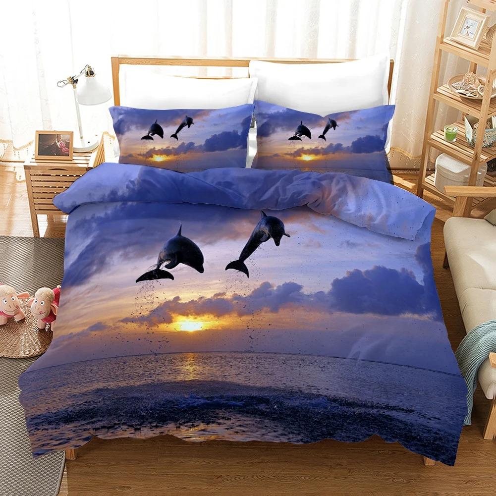Delfin Dynetrekksett 3D Delfiner Hopper Sengetøy Polyester Havdyr Tema For Tenåringer Dobbel Queen King Size Dyne Trekk