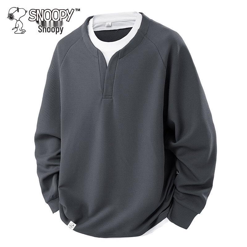 SNOOPY Men's Waffle Knit Faux Two-Piece Crewneck Sweatshirt