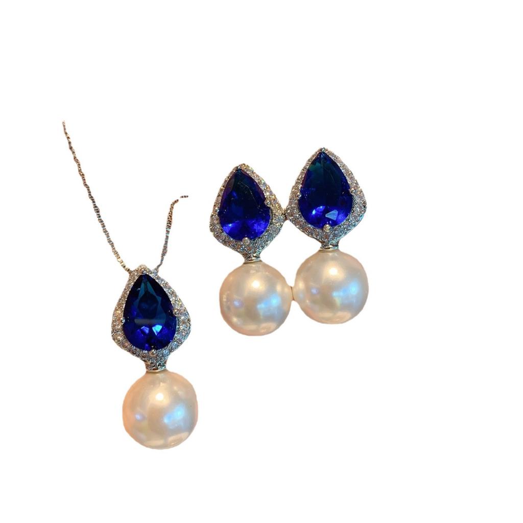 New S925 Silver Needle Jewelry Blue Treasure Pear Shaped Necklace Earrings Two Piece Set Internet Celebrity Instagram Fashion