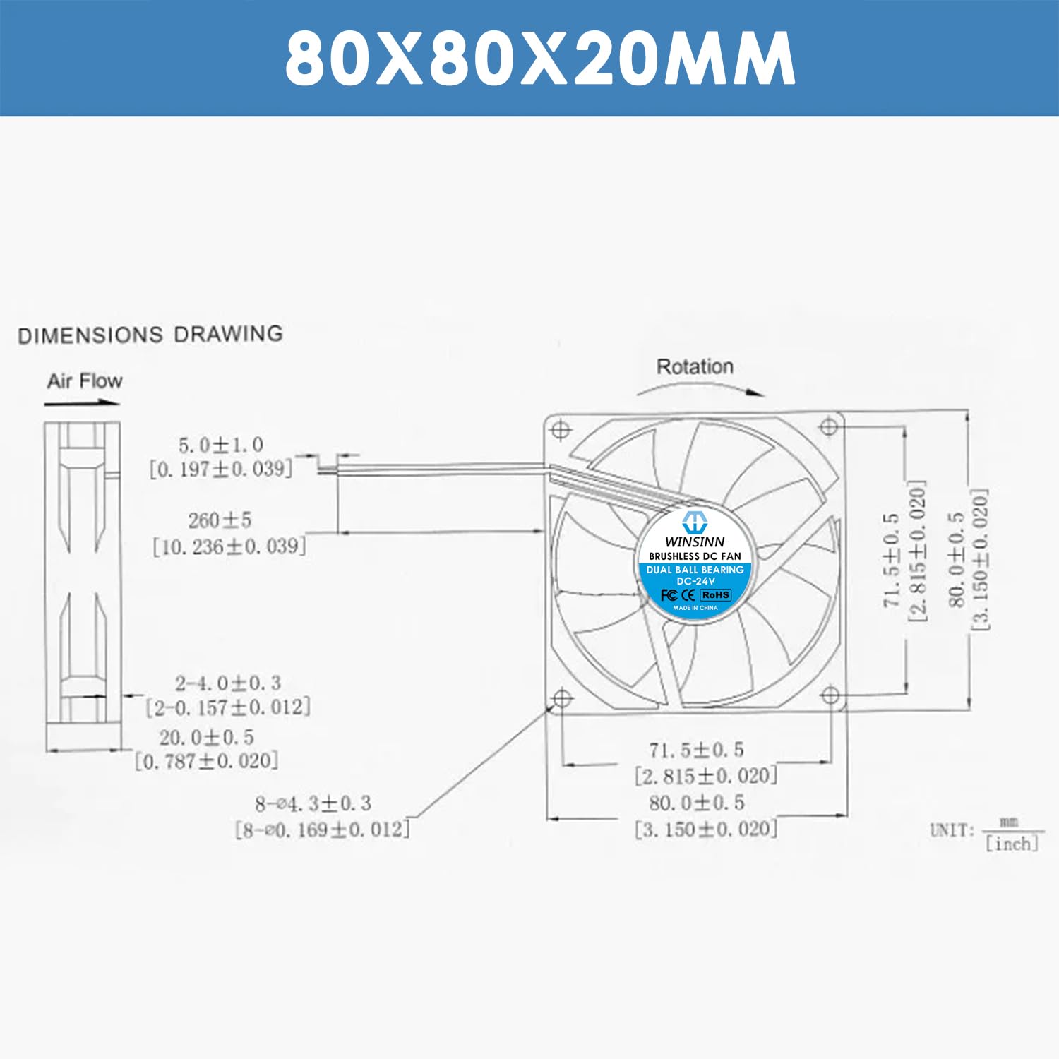 WINSINN DC 80mm Fan 12V 8020 Dual Ball Bearing Brushless Cooling 80x20mm 2PIN (Pack of 2Pcs)