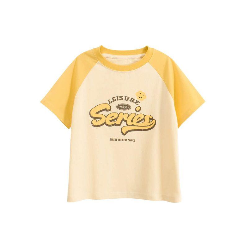 Boys and Girls Raglan Sleeve Short-Sleeved T-Shirt Summer Kidsren's Contrasting Color Letter Print Top Medium and Large Kidsren's Pure Cotton Clothes