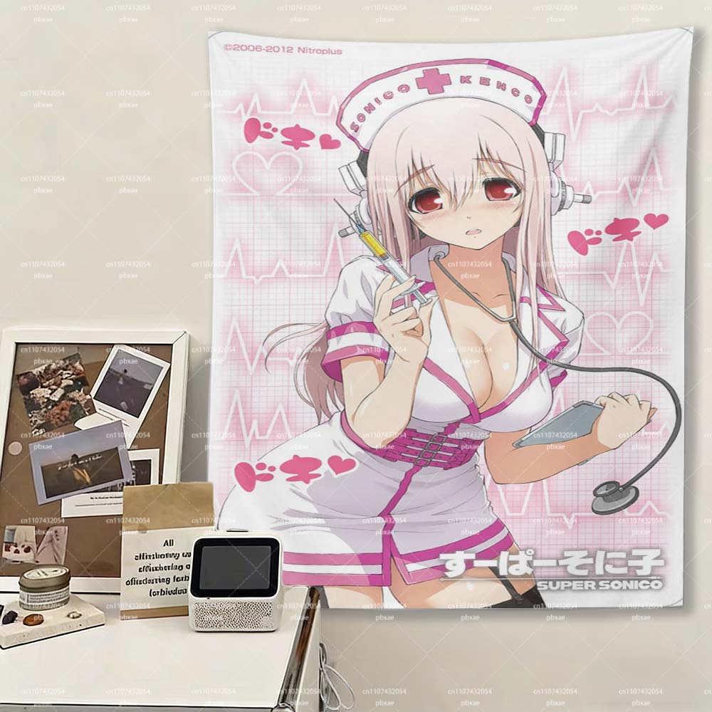 

Super Sonico Nurse Anime Tapestry Pink Heartbeat Wall Hanging Kawaii Otaku Bedroom Decor for Fans 74x94cm(29x37in)