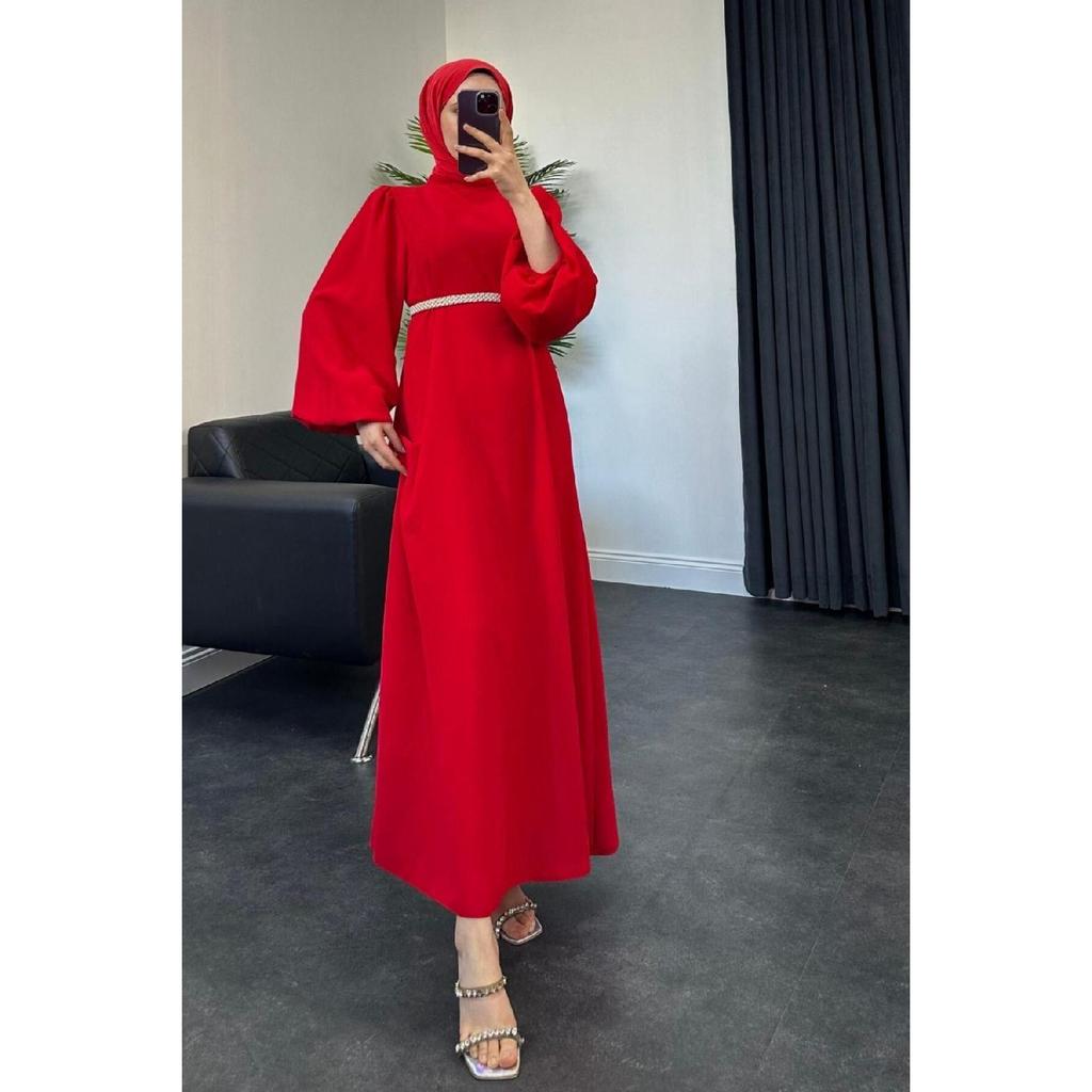 Jessica Balloon Sleeve Evening Dress Red