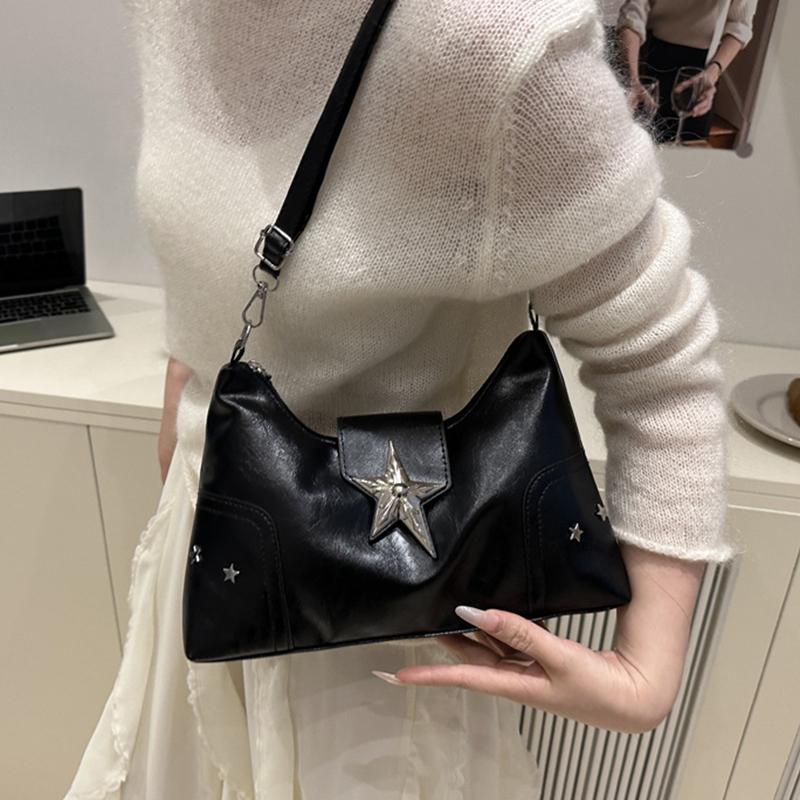Women PU Star Decor Shoulder Bag Chic Hobo Bag Large Capacity Fashion Crossbody Bag Solid Color Sweet Underarm Bag AVE