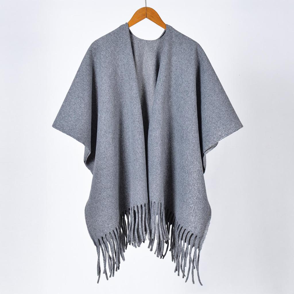 Women's Thick Jacquard Tassel Shawl - Versatile Solid Color Cape for Autumn/Winter