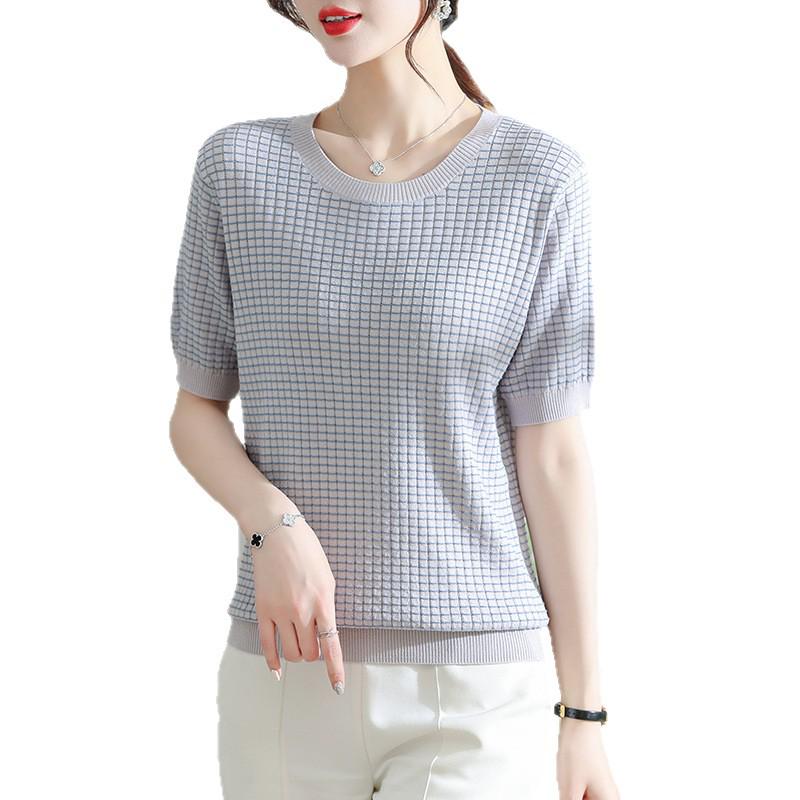 Elegant 2026 Ice Silk Knit Top - Short-Sleeve, Round Neck for Middle-Aged & Elderly Women