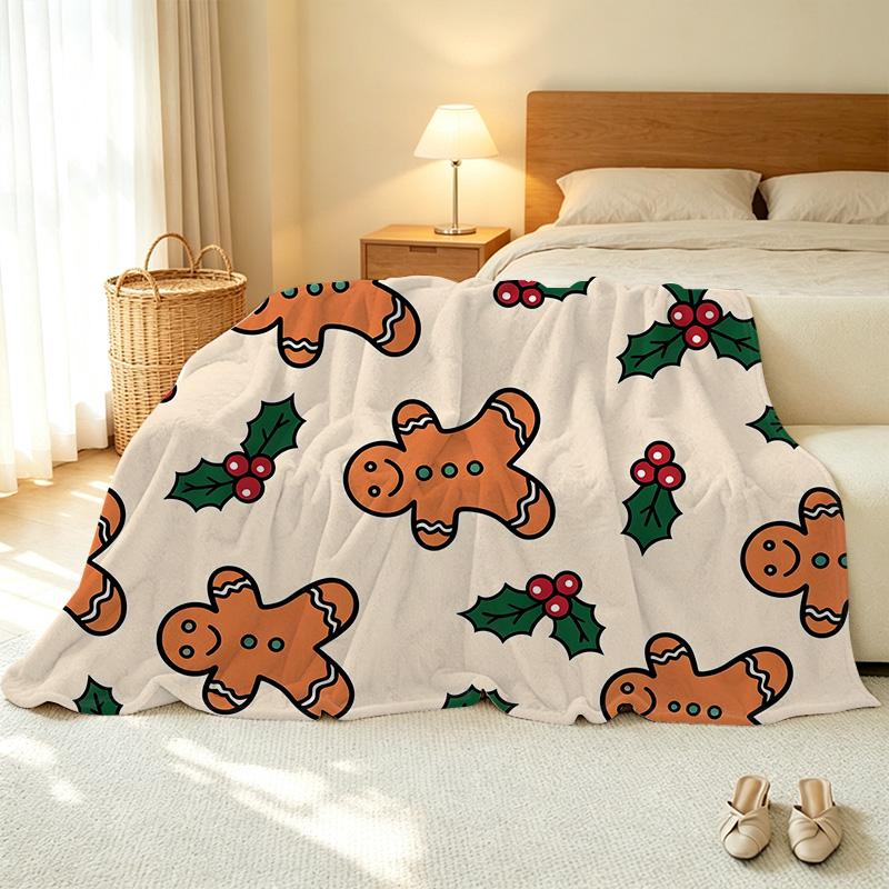 Thick Warm Flannel Blanket - Gingerbread Man Christmas Series, Soft Cozy Single Guest Room Spare Blanket, Home Decor for Festive Christmas Vibes