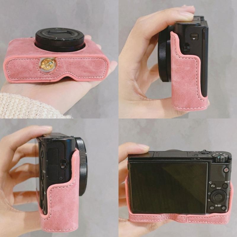 Flexible PU Leather Half Camera Case Bag Soft Lining Cover For Camera Featuring Easy Battery Access
