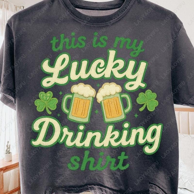 Lucky Drinking Cotton Shirt St Patricks Day Beer Mugs and Shamrock Oneck Printed Unisex Tops Funny Creative Lovely Women Tee S