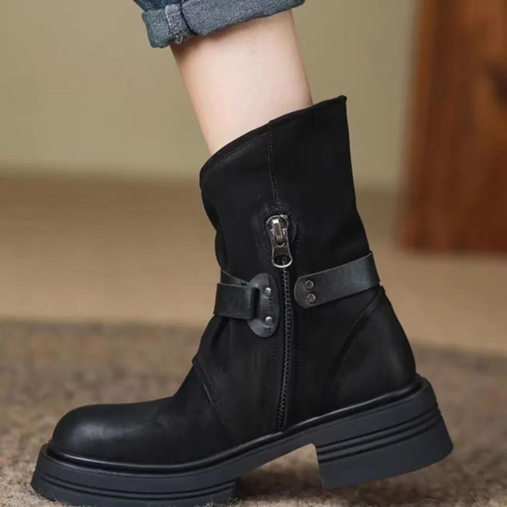 

new autumn and winter ins soft leather side zipper height increasing thick sole slimming short boots for women 35