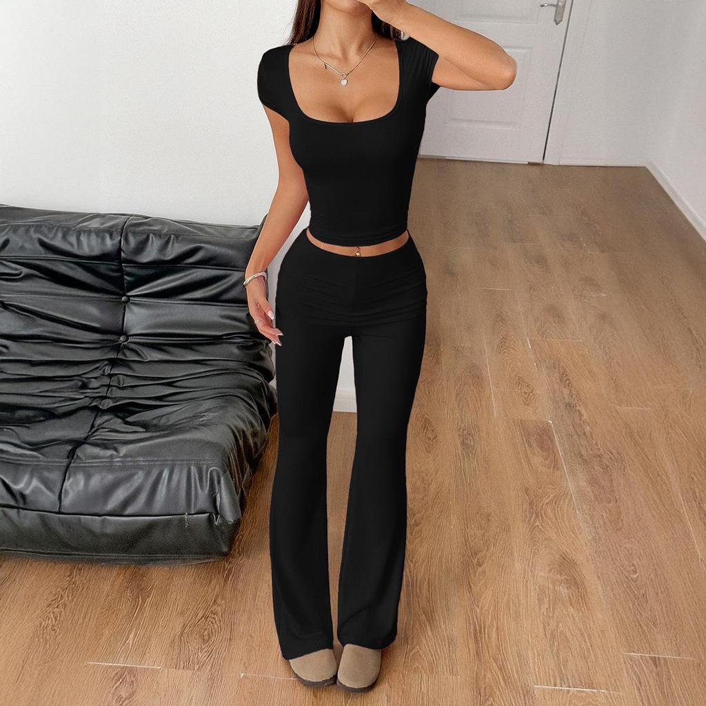 European and American Sporty U-neck Short-sleeved Top & Long Pants Set - Summer 2026 Collection