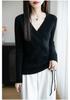 Women's Elegant V-Neck Wool Sweater: Autumn/Winter Fashion Long Sleeve Knitwear with Drawstring.