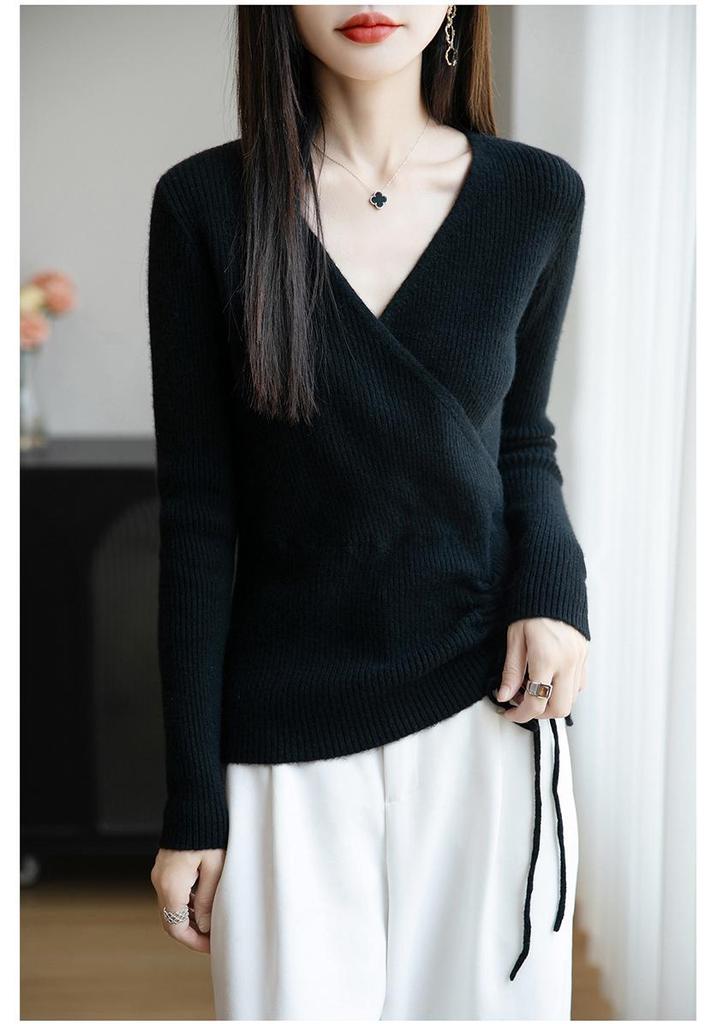 Women's Elegant V-Neck Wool Sweater: Autumn/Winter Fashion Long Sleeve Knitwear with Drawstring.