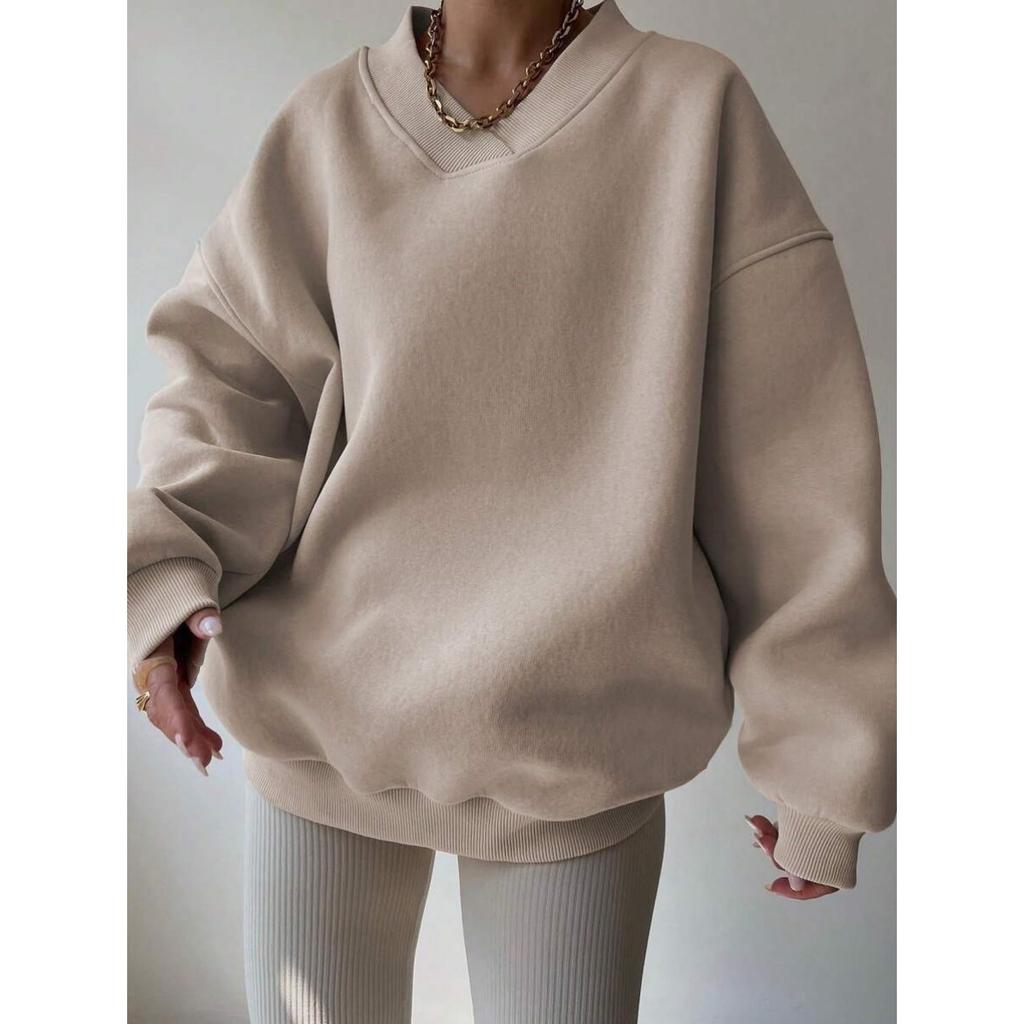 Women'S Casual V-Neck Sweatshirt -Soft Pink Loose Fit Long Sleeve Pullover, All-Season Comfort,  Relaxed Fit for Casual Attire, Ladies Sweatshirts