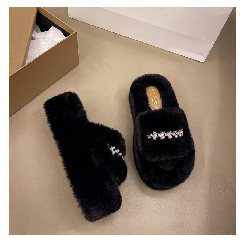 Herfst en Winter Nieuwe Parel Fee Bont Pantoffels Schattig Huis Dikke Zool Senior Bont Pantoffels