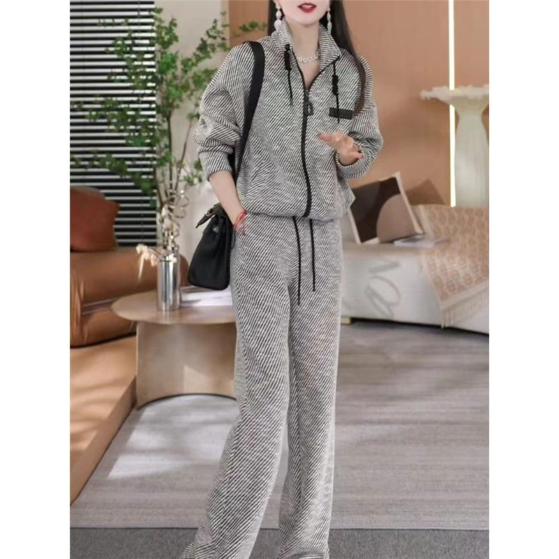 Women s 2Pcs Striped Tracksuit Casual Hooded Zip-Up Jacket Elastic Waist Wide Leg Pants Spring Autumn Sportswear Set L черный белый