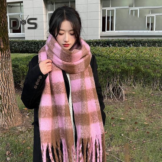 Women Scarf Plaid Print Thickened Warm Long Shawl with Tassel Trim Versatile Winter Blanket Wrap Daily Wear
