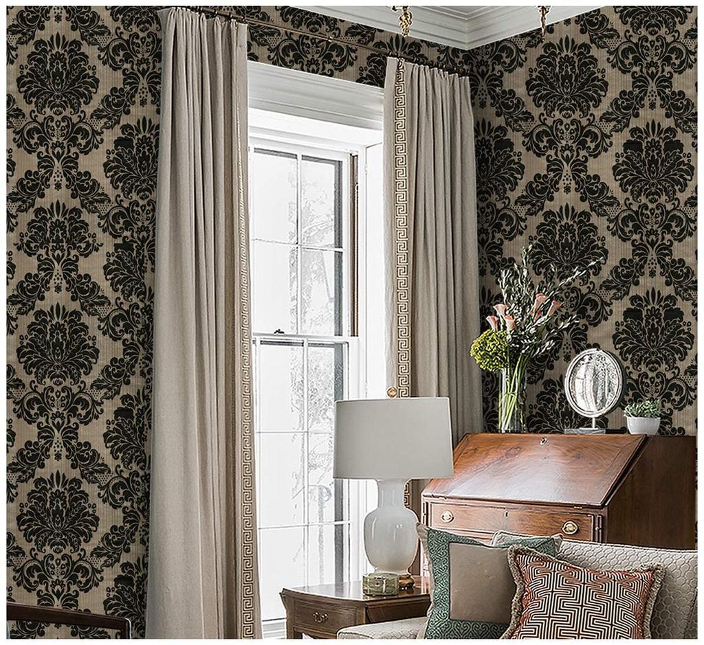 Vinyl Damask Wallpaper Peel and Stick Wallpaper Black Floral Self Adhesive Wallpaper for Bedroom Livingroom Home Wall Decoration