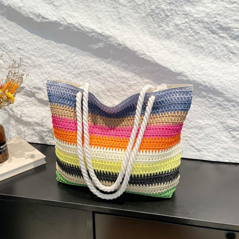 

Yogodlns Casual Beach Handbag Strip Weave Bag Large Capacity Lazy Style Rainbow Beach Bag Bohemian Style Hollow Tote Bag Streetwear 36x9x34cm жёлтый