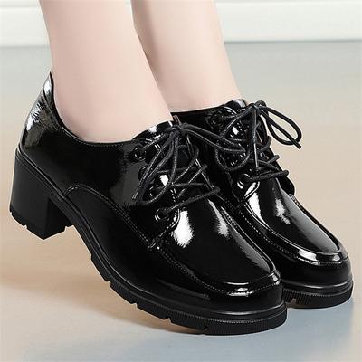 Printemps Petites Chaussures en Cuir Femme Fille Britannique Sauvage Noir Rétro Cuir Verni Mary Jane Décontractées Plateforme Talon Moyen Chaussures