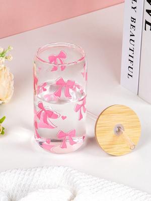 500ml Cute Bow Glass Cup Love Cherry Graffiti Pattern Water Bottle Coffee Cups With Lids Straw Brush Valentine's Day Party Gift
