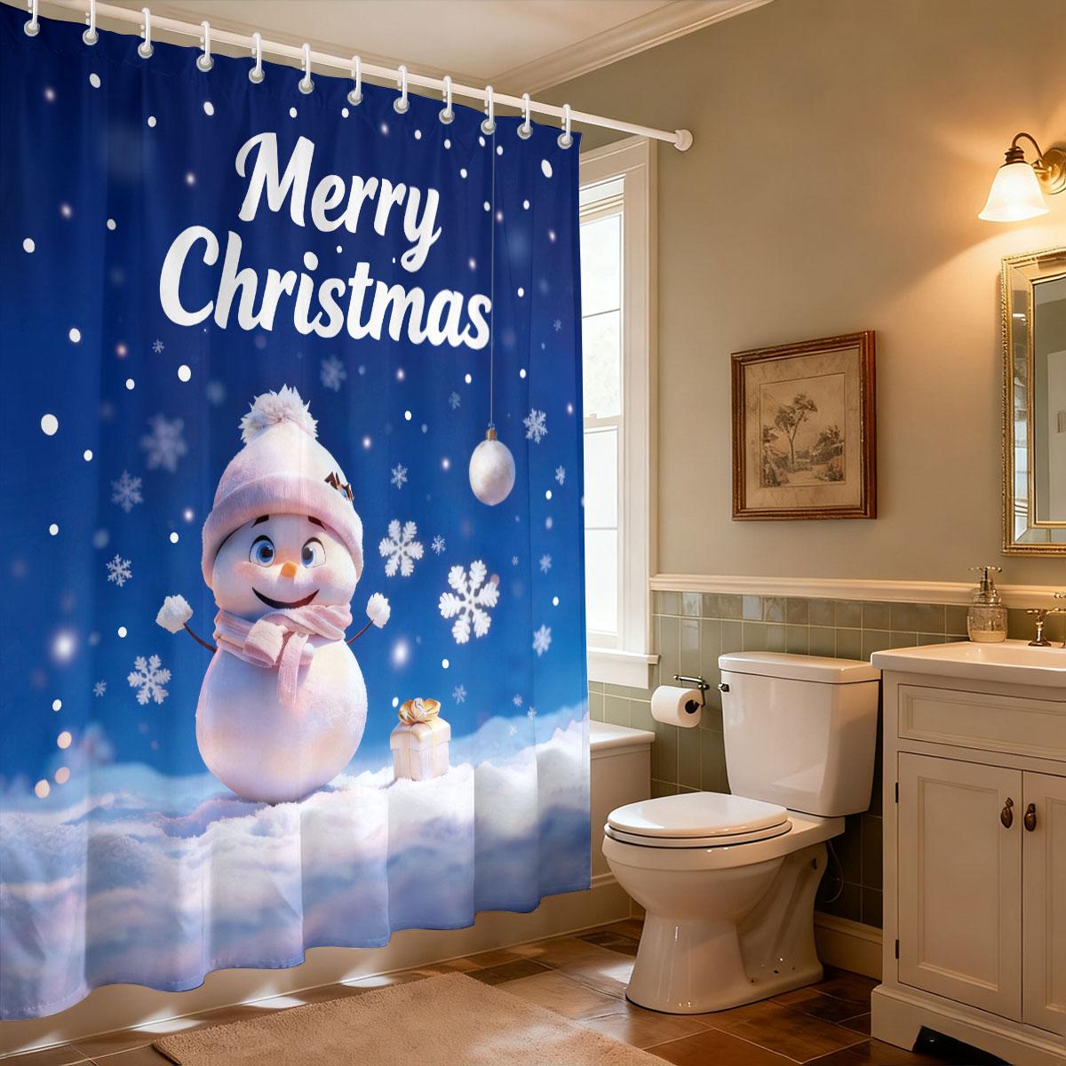 

1Pc Merry Christmas Cute Snowman Print Waterproof Shower Curtain Partition Privacy Hanging Curtain With 12 Hooks Multiple Sizes W60H190(CM)-1 Pcs