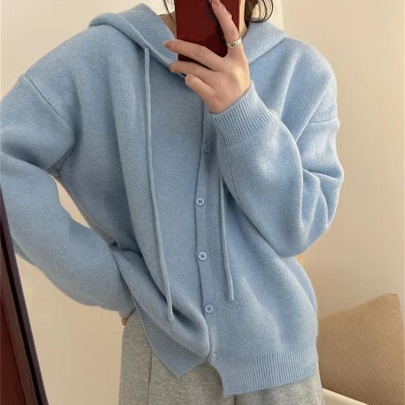 Simple casual hooded knitted cardigan top women's autumn and winter new loose lazy wind sweater jacket