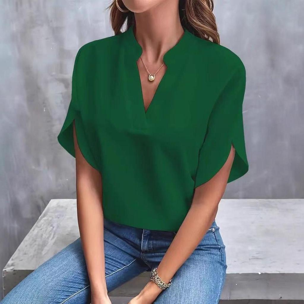 2025 Sommer Damen Casual Einfarbig V-Ausschnitt Lockeres Hemd